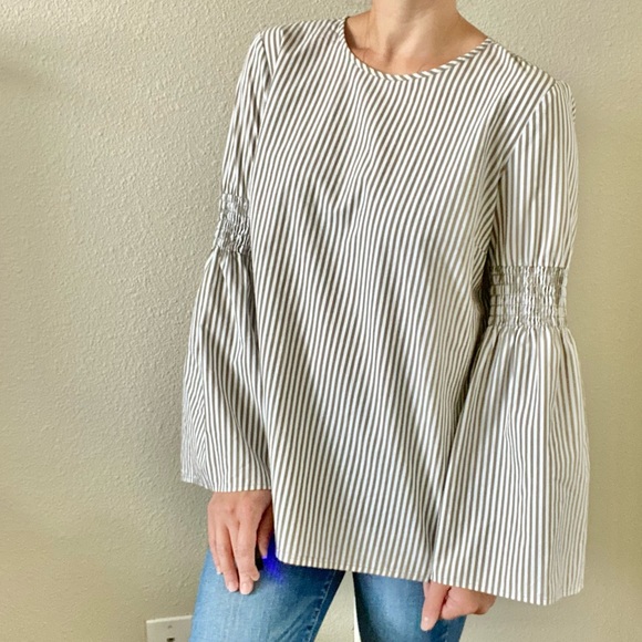 MICHAEL Michael Kors Tops - ⭐️ SOLD ⭐️ Michael Kors Taupe & White Striped Bell Sleeve Tunic Blouse Size